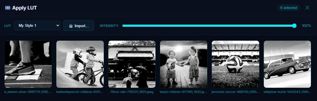 The same Apply LUT dialog with the intensity slider at 100% — all six previews are graded by the selected LUT