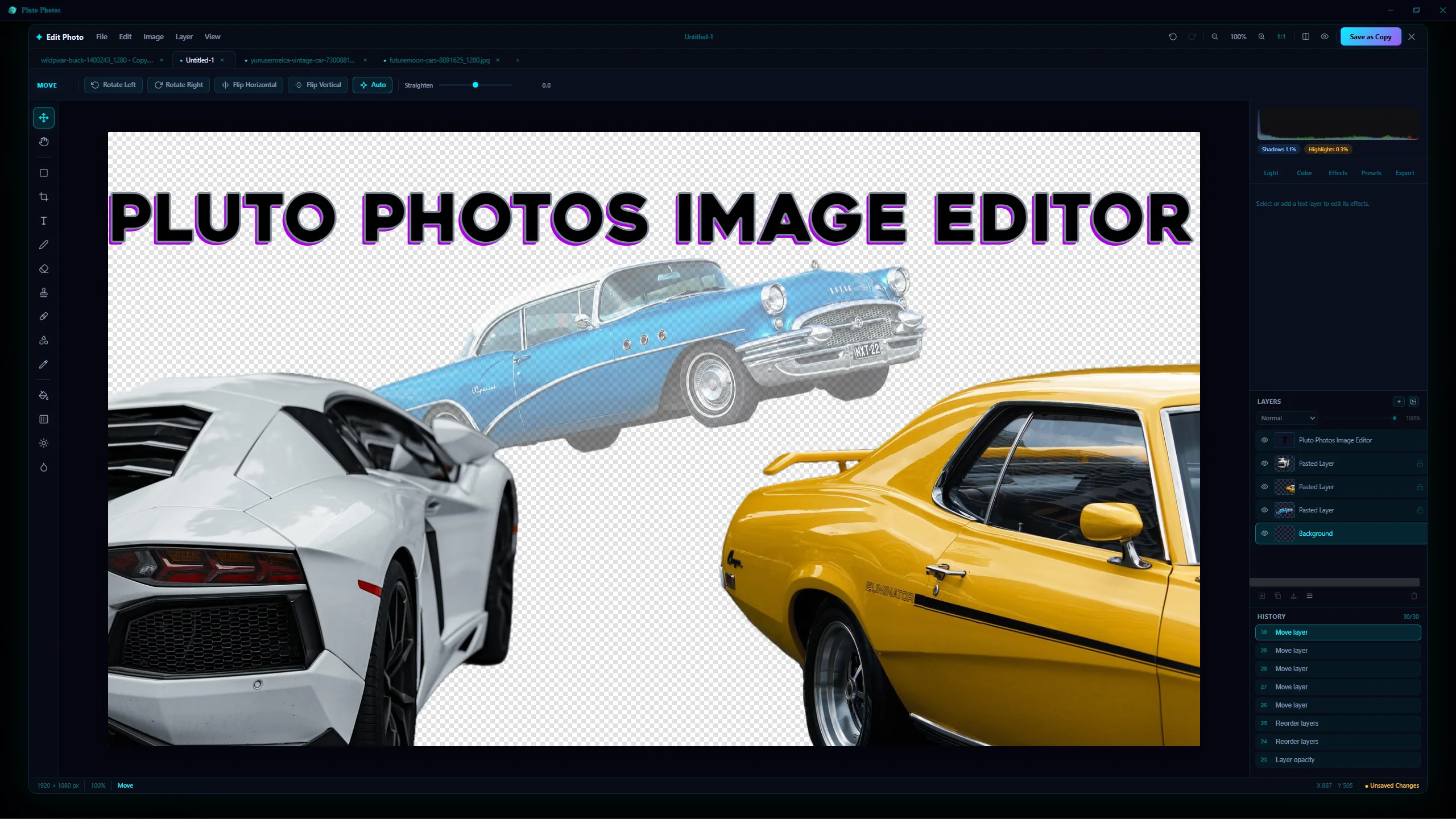 The Pluto Photos image editor with four document tabs open and a composite of three cut-out cars under a styled text layer, with the layers and history panels visible
