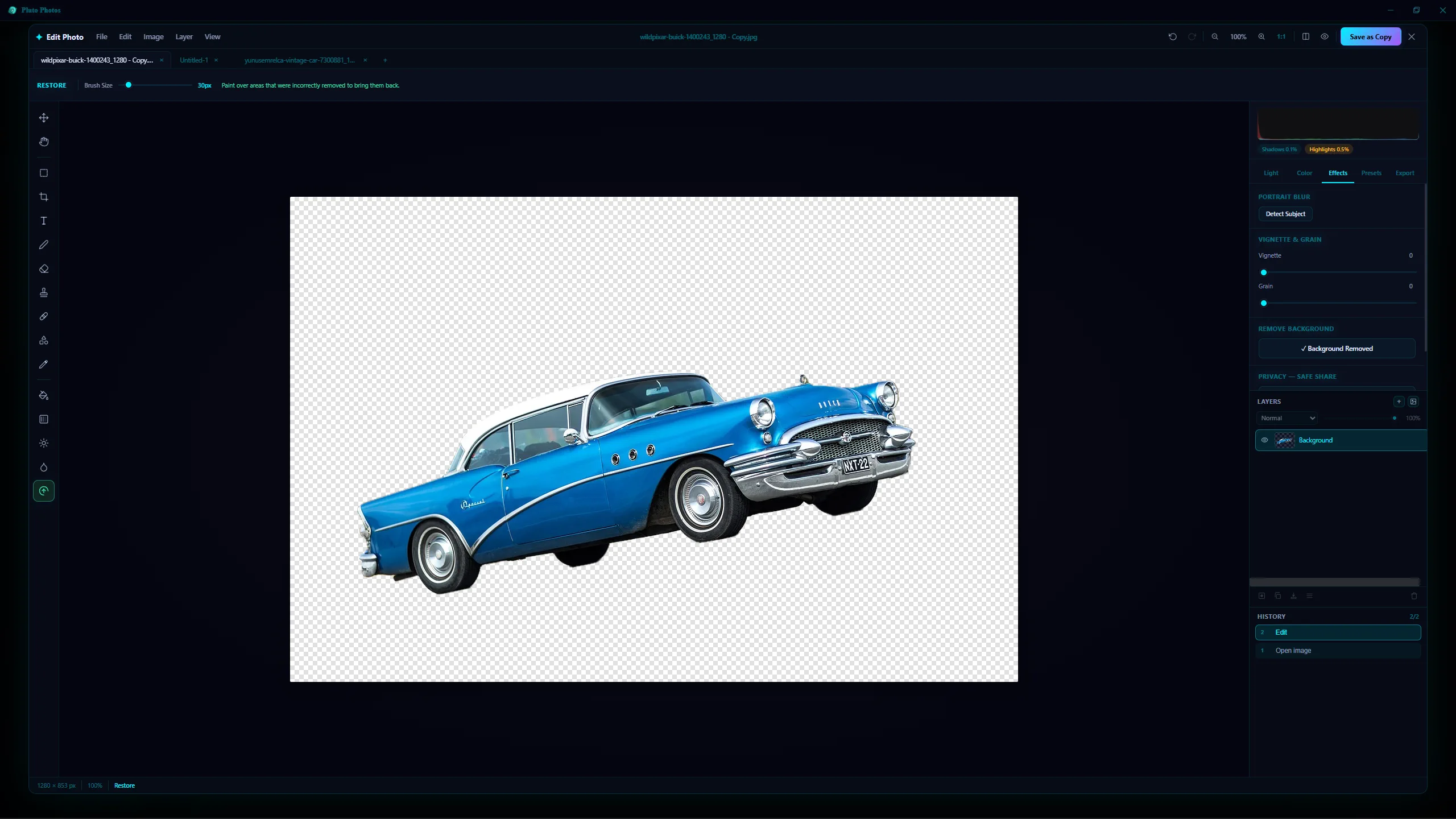 The same car isolated on a transparent checkerboard background after one-click background removal
