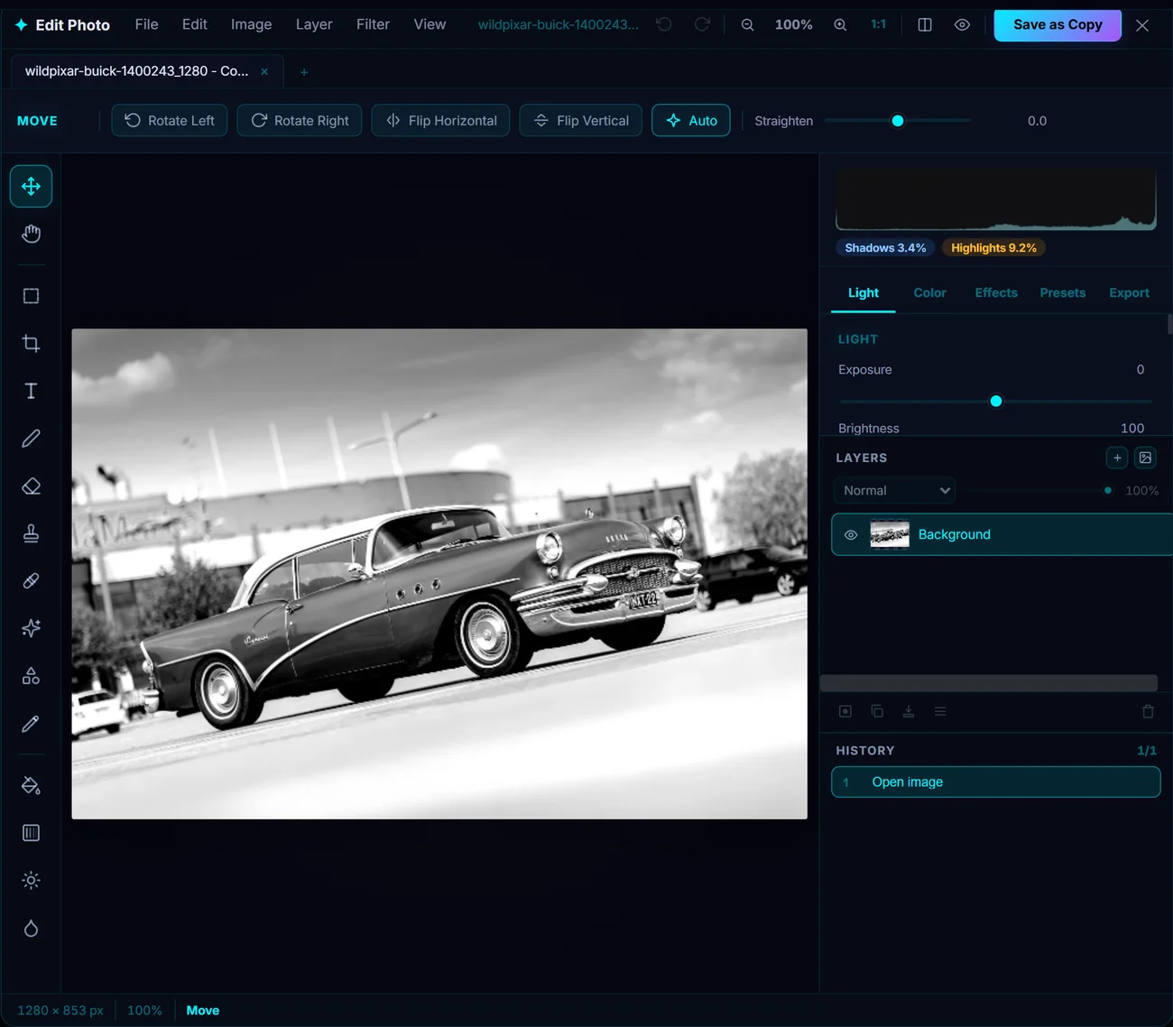 The Pluto Photos image editor with a photo open — document tabs, left tool rail, options bar, histogram, layers panel and history