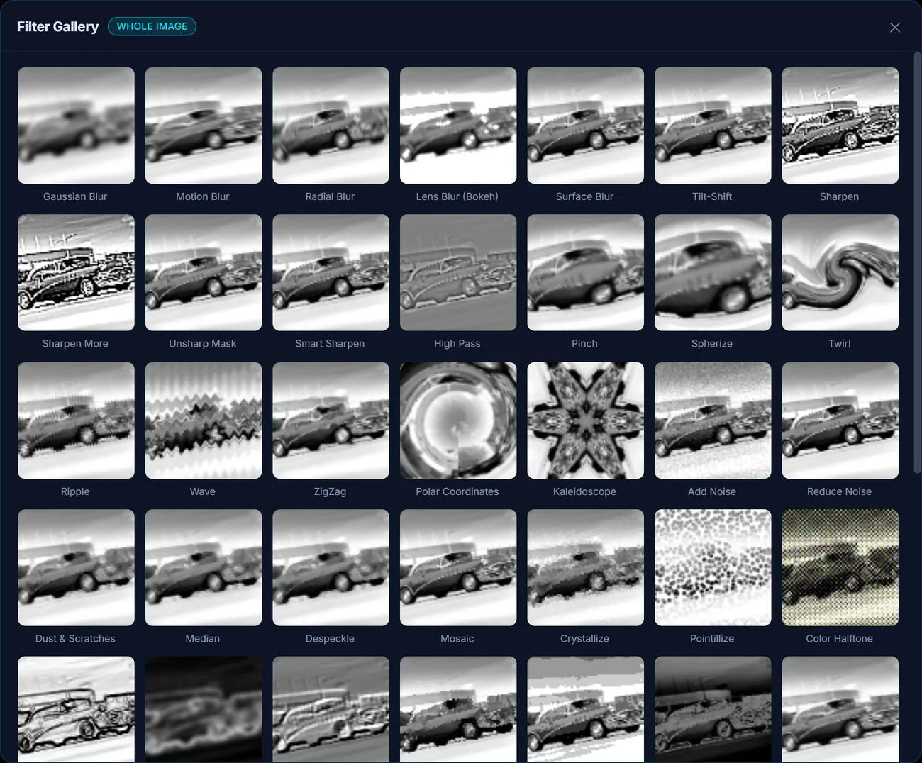 The Filter Gallery in Pluto Photos rendering a live thumbnail preview of every filter on the photo being edited