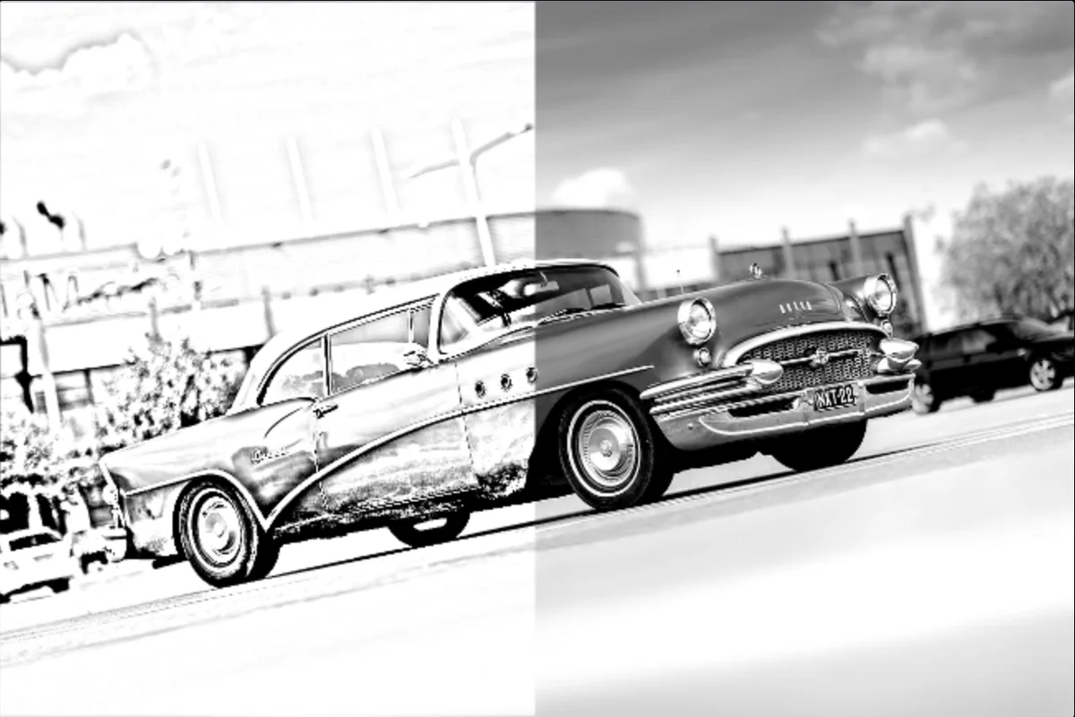 The same photo with Pencil Sketch applied only to the left half, inside a rectangular selection