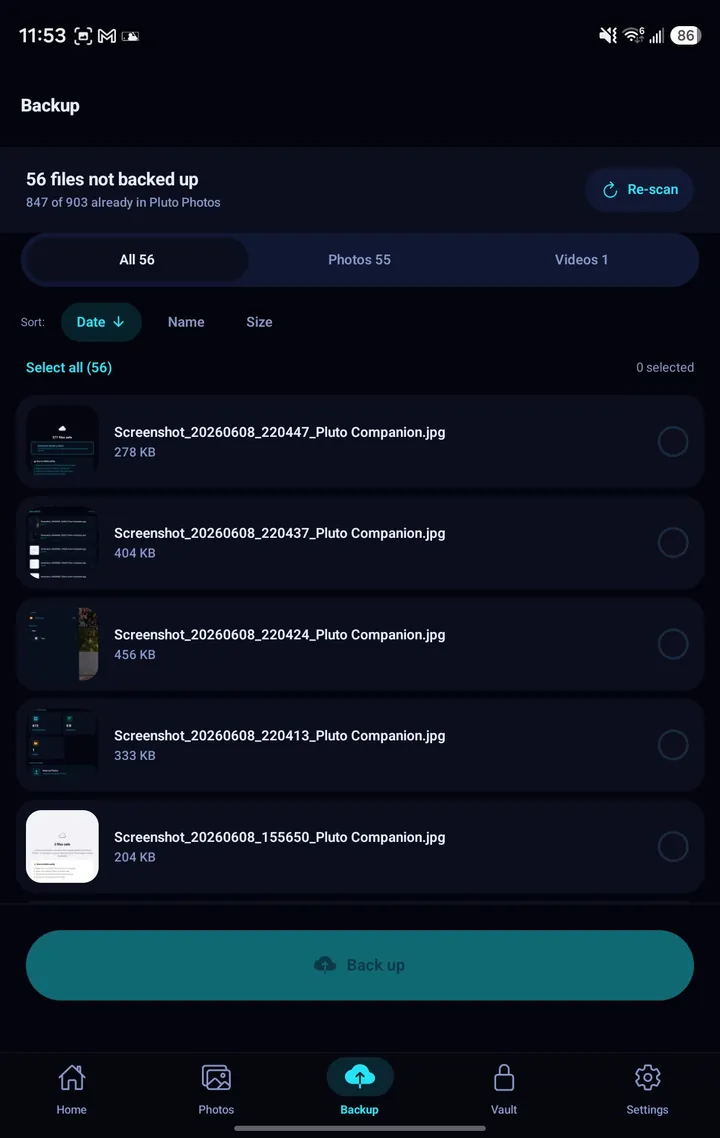 Pluto Companion's Backup tab: 56 files not backed up and 847 of 903 already in Pluto Photos, a sortable list of files to send, and a Back up button