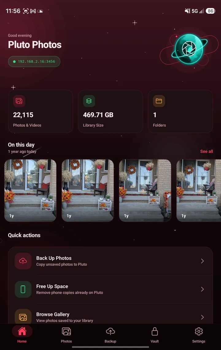 Pluto Companion's Home screen in the Crimson theme: deep maroon with a red accent