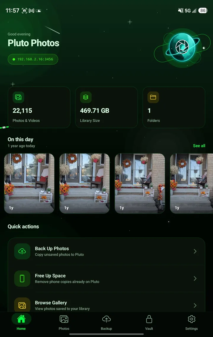 Pluto Companion's Home screen in the Matrix theme: black with terminal green