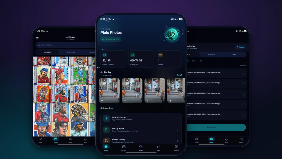 Three screens of the Pluto Companion Android app: the Photos tab showing a 22,115-item library, the Home screen with library totals and On This Day memories, and the Backup tab