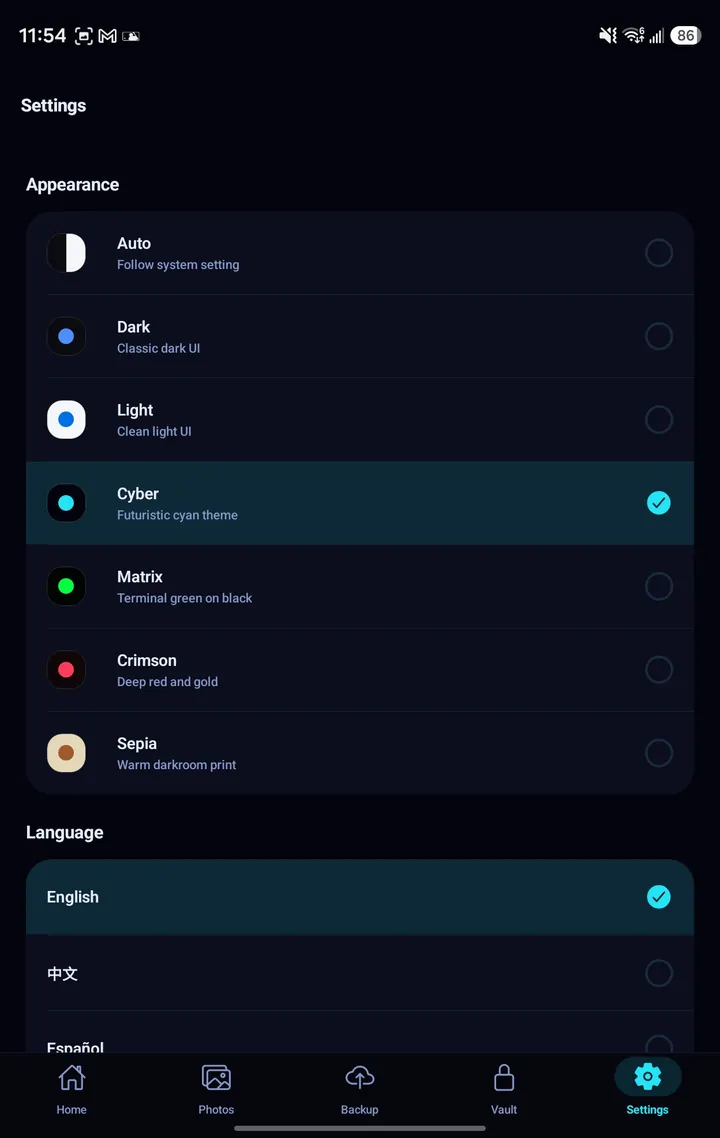 Pluto Companion's Appearance settings listing Auto, Dark, Light, Cyber, Matrix, Crimson and Sepia, with Cyber selected and language choices below