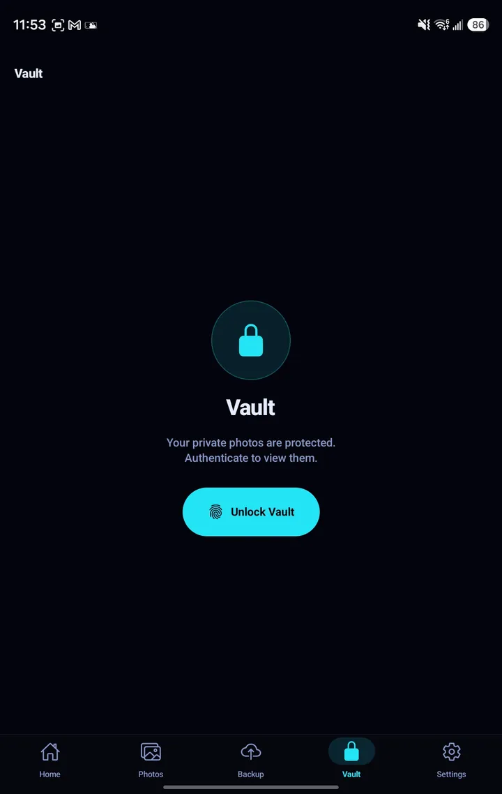 Pluto Companion's Vault screen: a lock icon, the words "Your private photos are protected. Authenticate to view them." and an Unlock Vault button