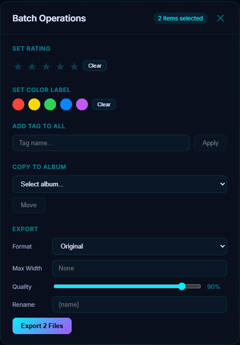 The Batch Operations panel in Pluto Photos — set rating, set colour label, add a tag, copy to album, and an export block with format, max width, quality and rename controls