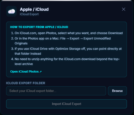 The Pluto Photos Import Photos dialog with Apple / iCloud selected, showing export instructions and a folder picker for the iCloud export