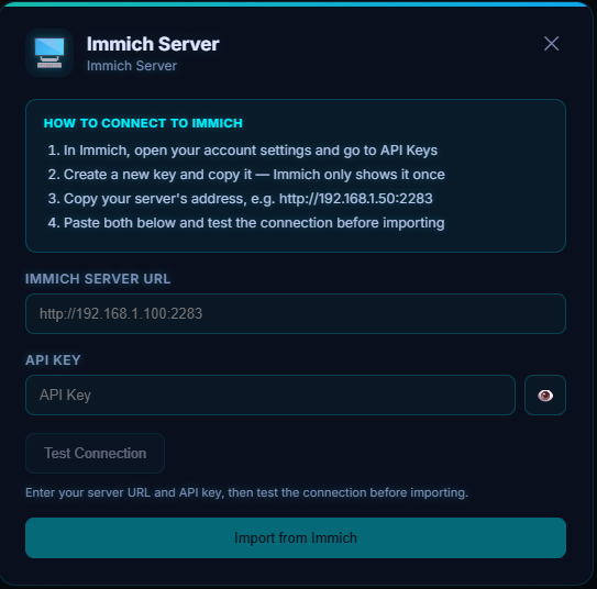 The Pluto Photos Import Photos dialog with Immich Server selected, showing fields for the server URL and API key plus a Test Connection button