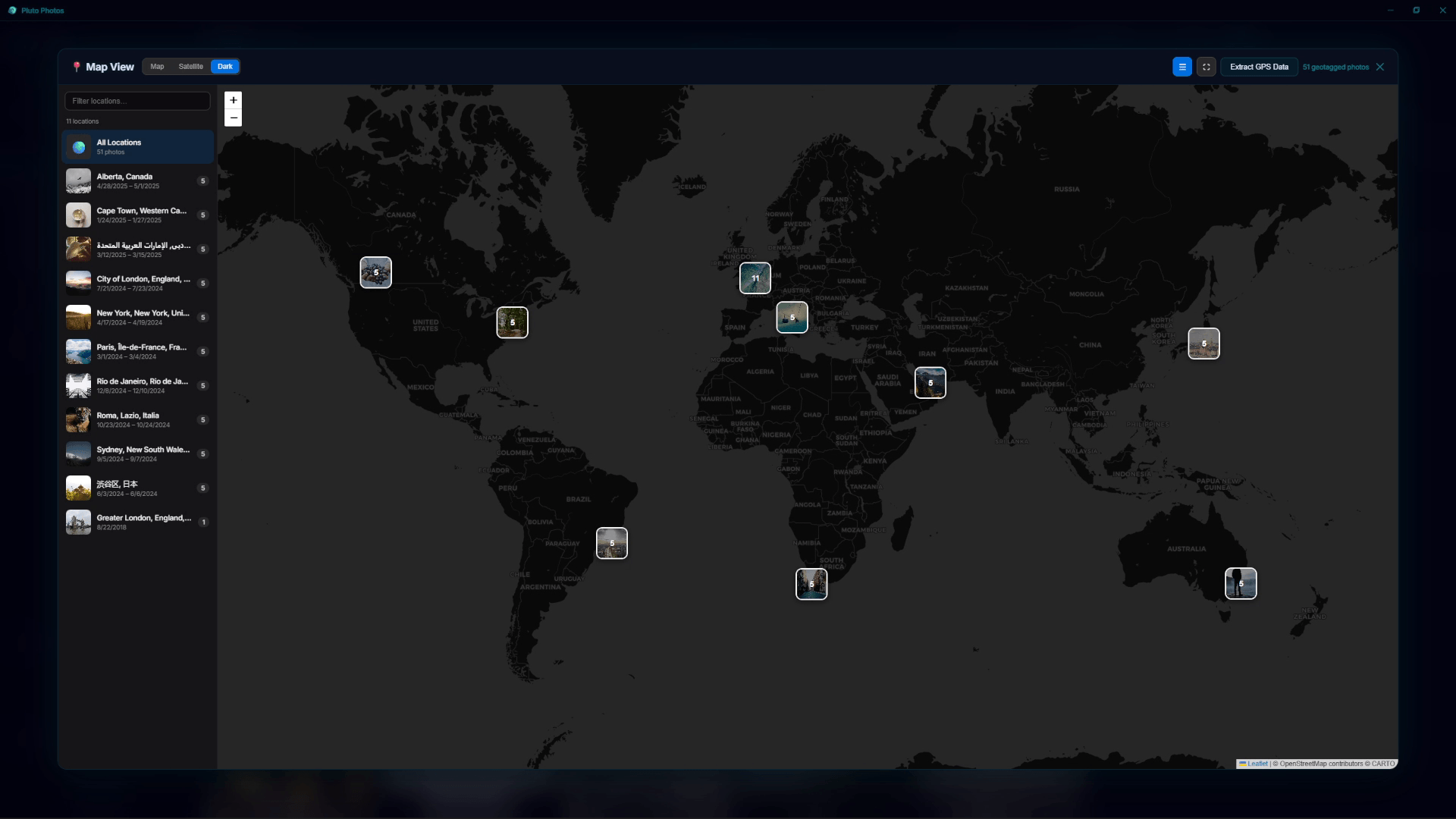 Map View in Pluto Photos — a dark world map with clustered photo thumbnails pinned at each location, and a place list down the left