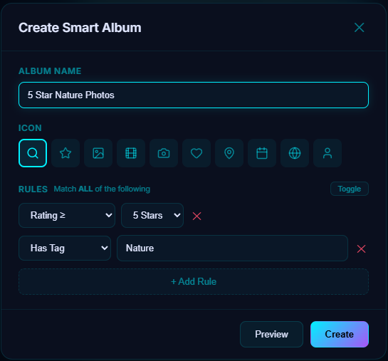 The Create Smart Album dialog in Pluto Photos, with an album name, an icon picker, and two rules: rating at least 5 stars and tag