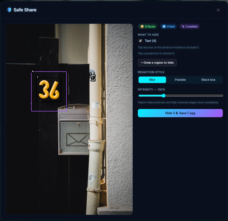 The Safe Share panel with drawing mode active, a purple custom box drawn over a document, next to the auto-detected boxes