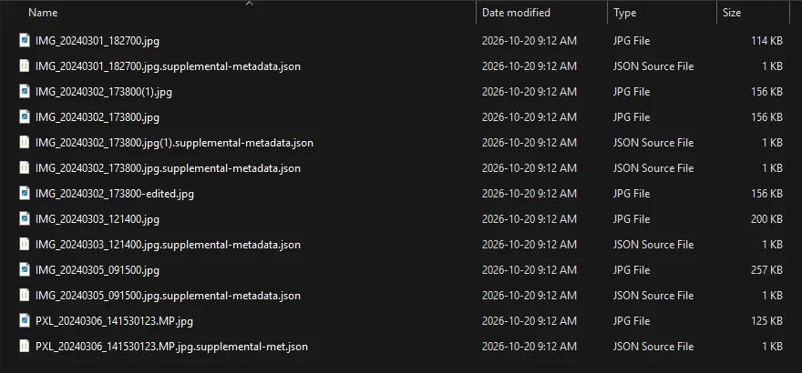 A sample Google Takeout folder in Windows Explorer: photos beside .supplemental-metadata.json files, one with a (1) counter, one -edited copy with no sidecar, and one sidecar with a shortened name