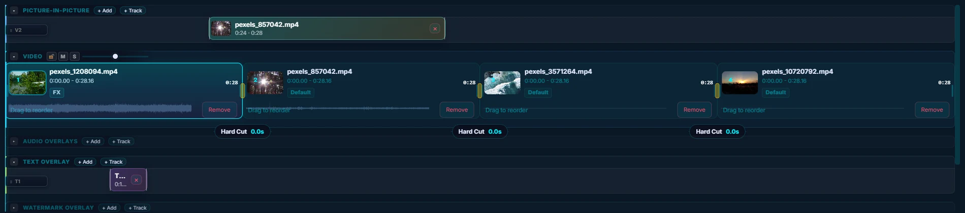 Timeline lanes for picture-in-picture, video, audio, text and watermarks, each colour-coded and separately collapsible