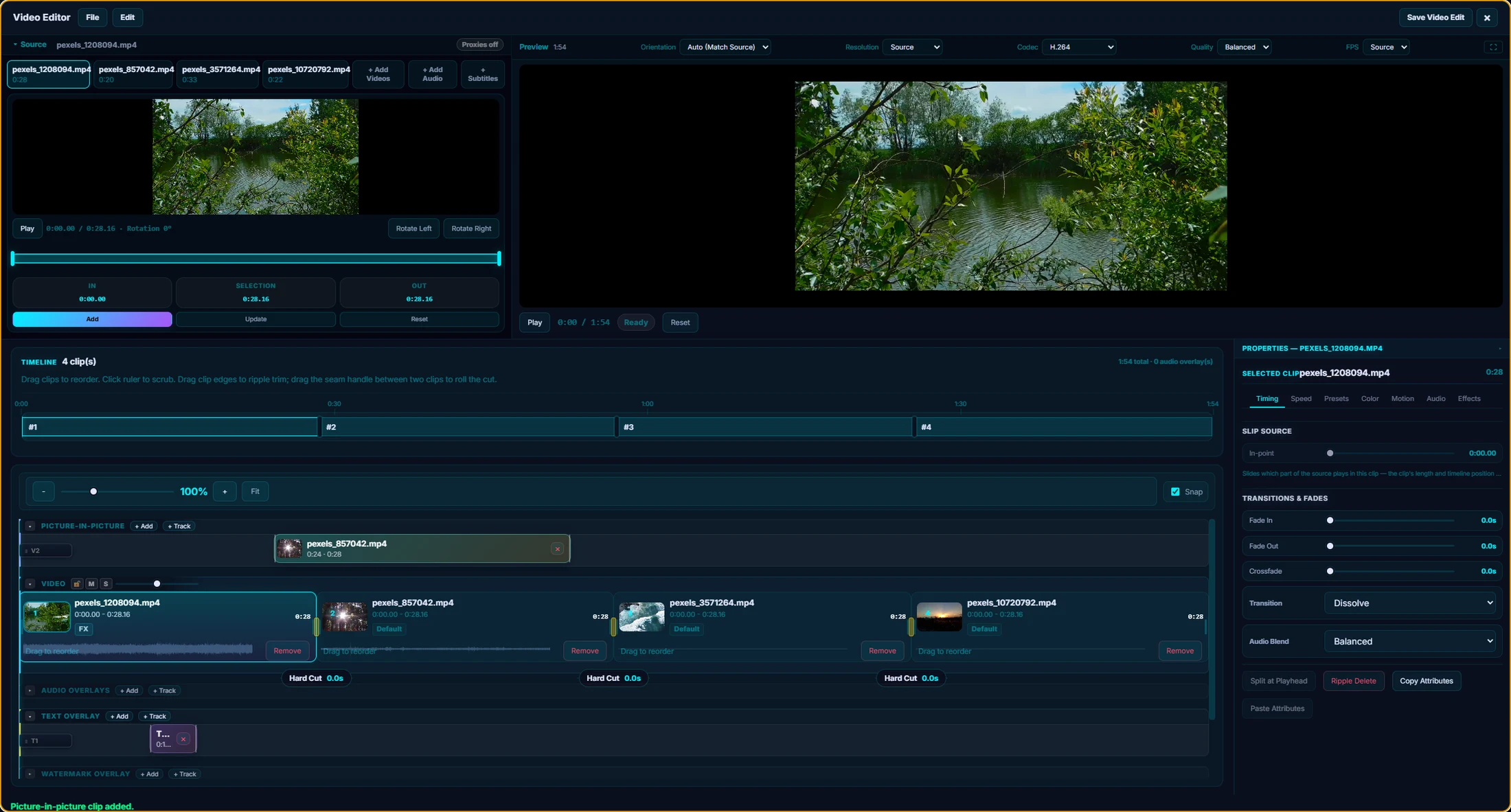 The Pluto Photos video editor: source monitor, preview, colour-coded timeline lanes and a clip inspector